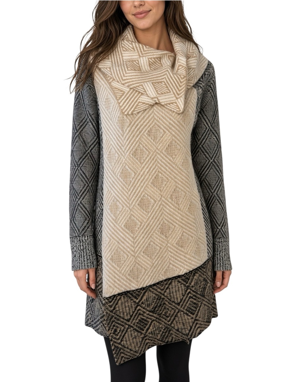 Amuse Society Two-Tone Knit Cowl Neck Cardigan Sweater  in Cream, Tan & Black